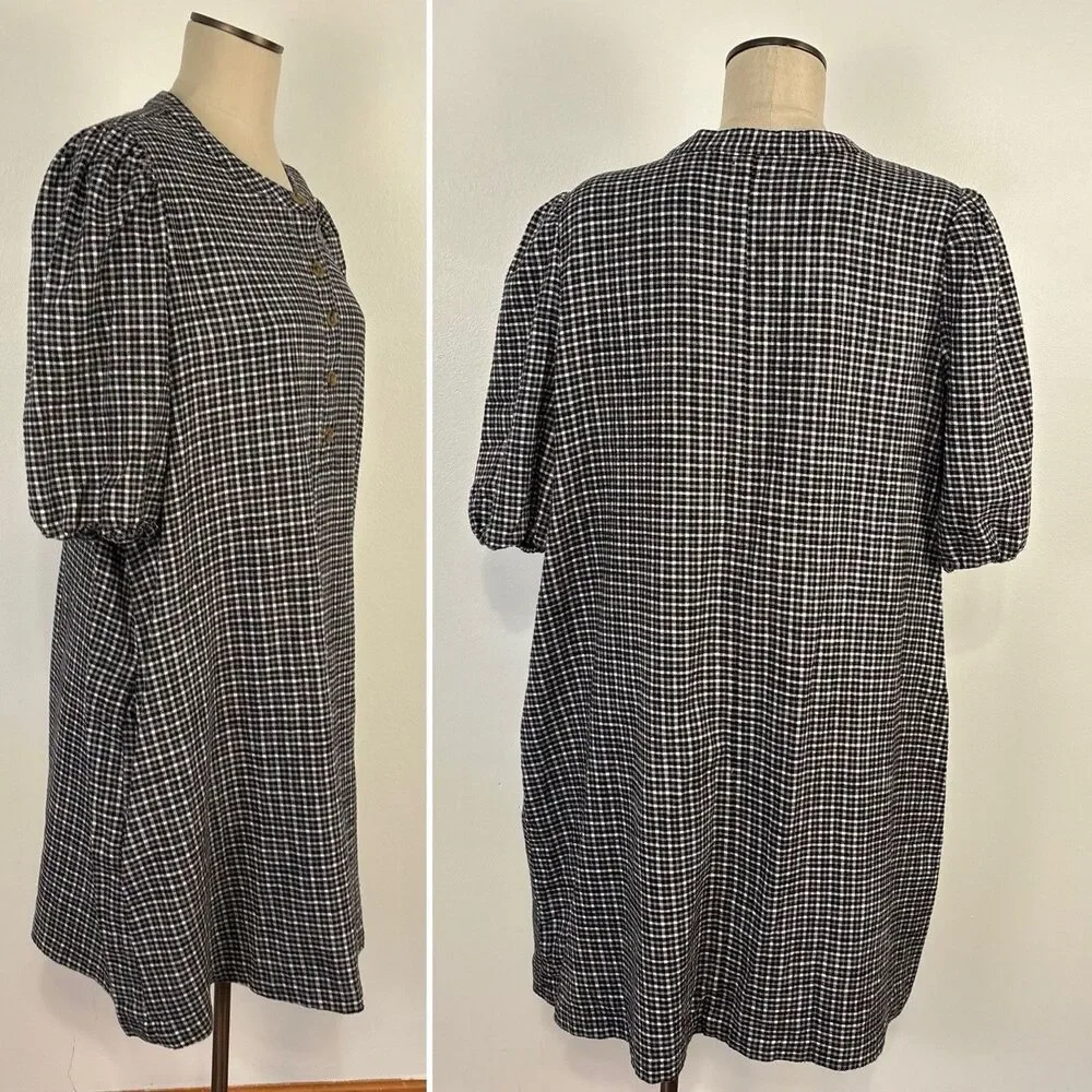 J Crew Popover Dress Brushed Flannel Black Gray Check Pockets Women’s XL BB524
